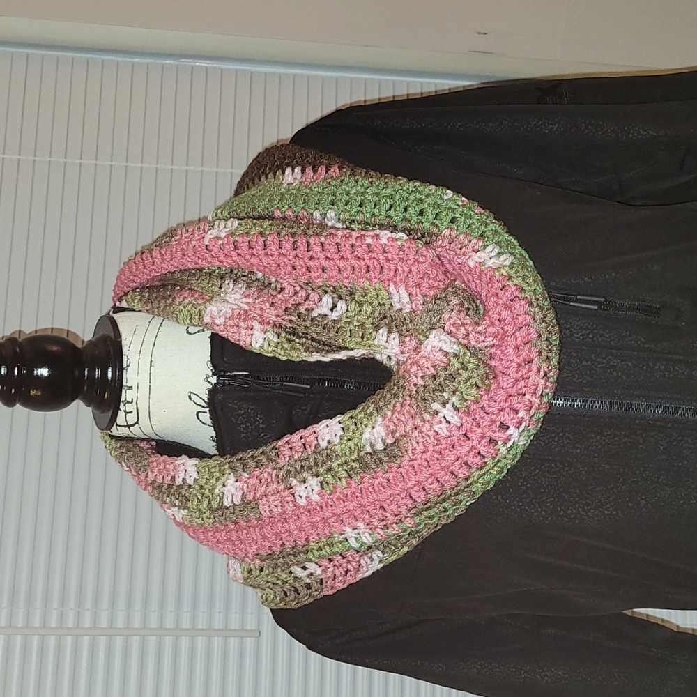 Crochet Infinity Scarf: Pink/Green Brown